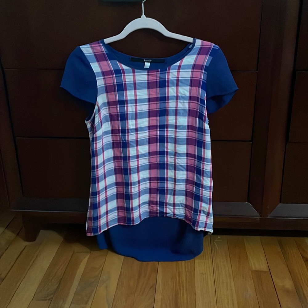Kenzie capped sleeve navy and plaid blouse